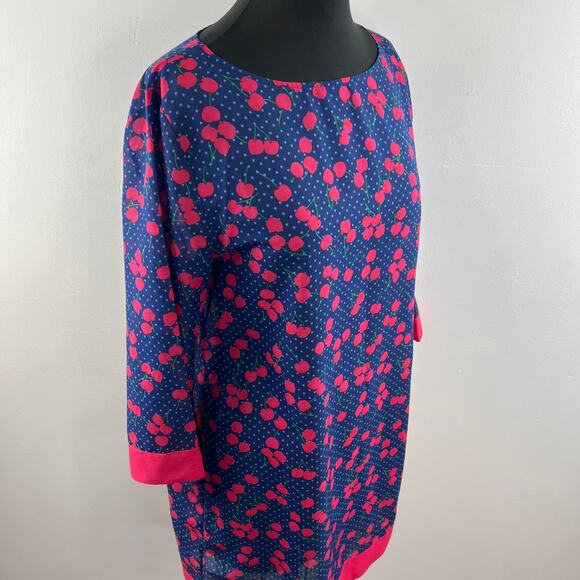 TALBOTS Blue Red Cherry Print Boat Neck 3/4 Sleeve Shift Dress Swim Cover Up M - Picture 4 of 7